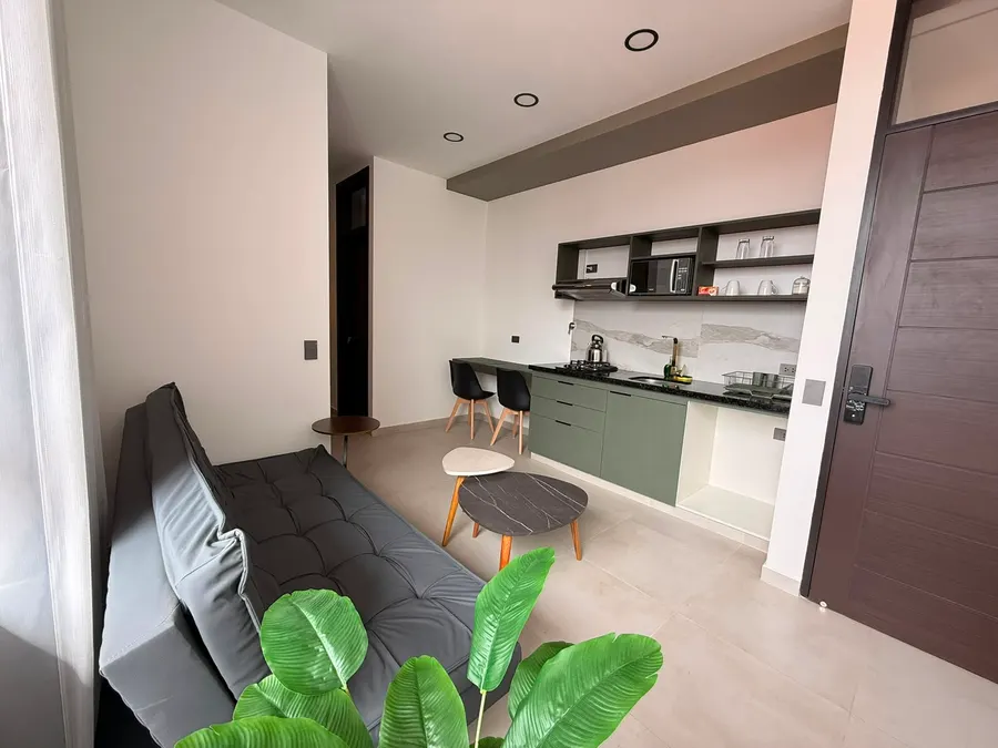 Estar con sofá, comedor y cocina integrada
