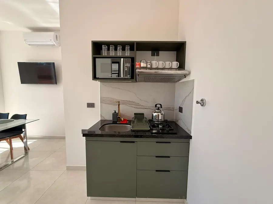 Cocina equipada con anafe, microondas y campana