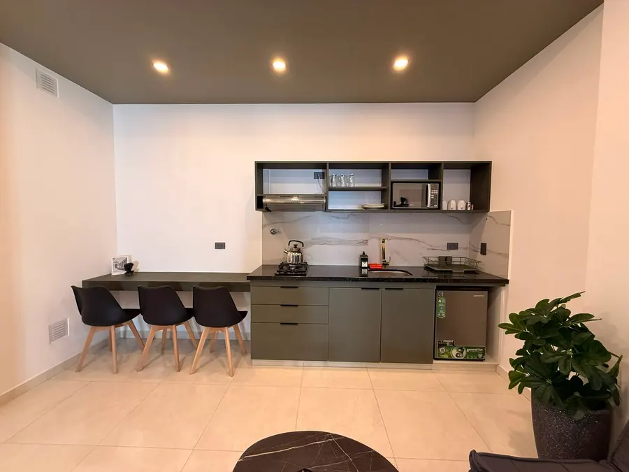 Cocina con desayunador y planta